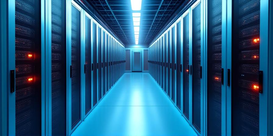 Data centre interior with glowing blue lights